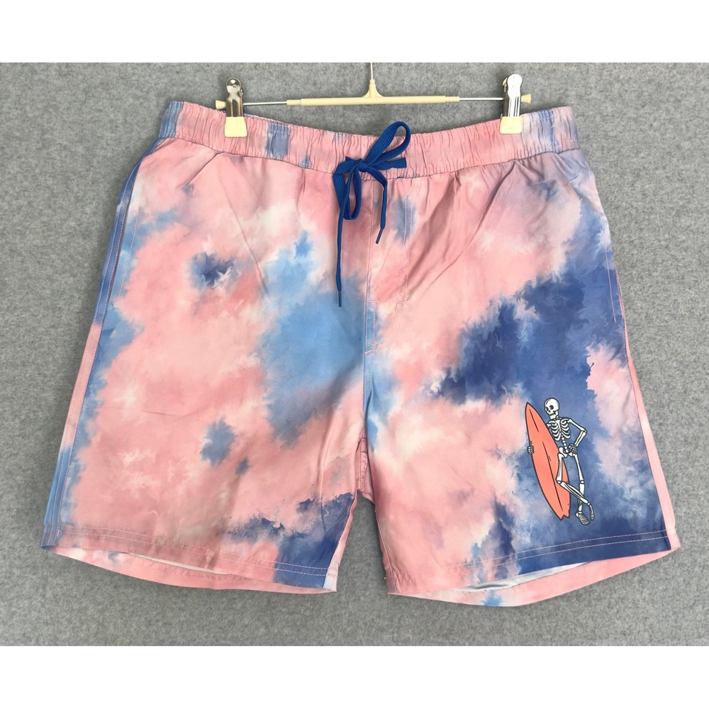 NEW! Chemistry Swim Trunks Mens Large Pink Blue Tie Dye Skeleton Surfer UPF 50+